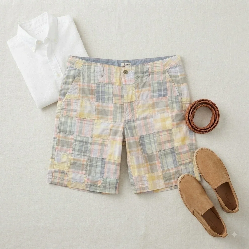 L.L.Bean Patchwork Madras Shorts Mens 18 Multicolor Plaid Preppy Summer Coastal